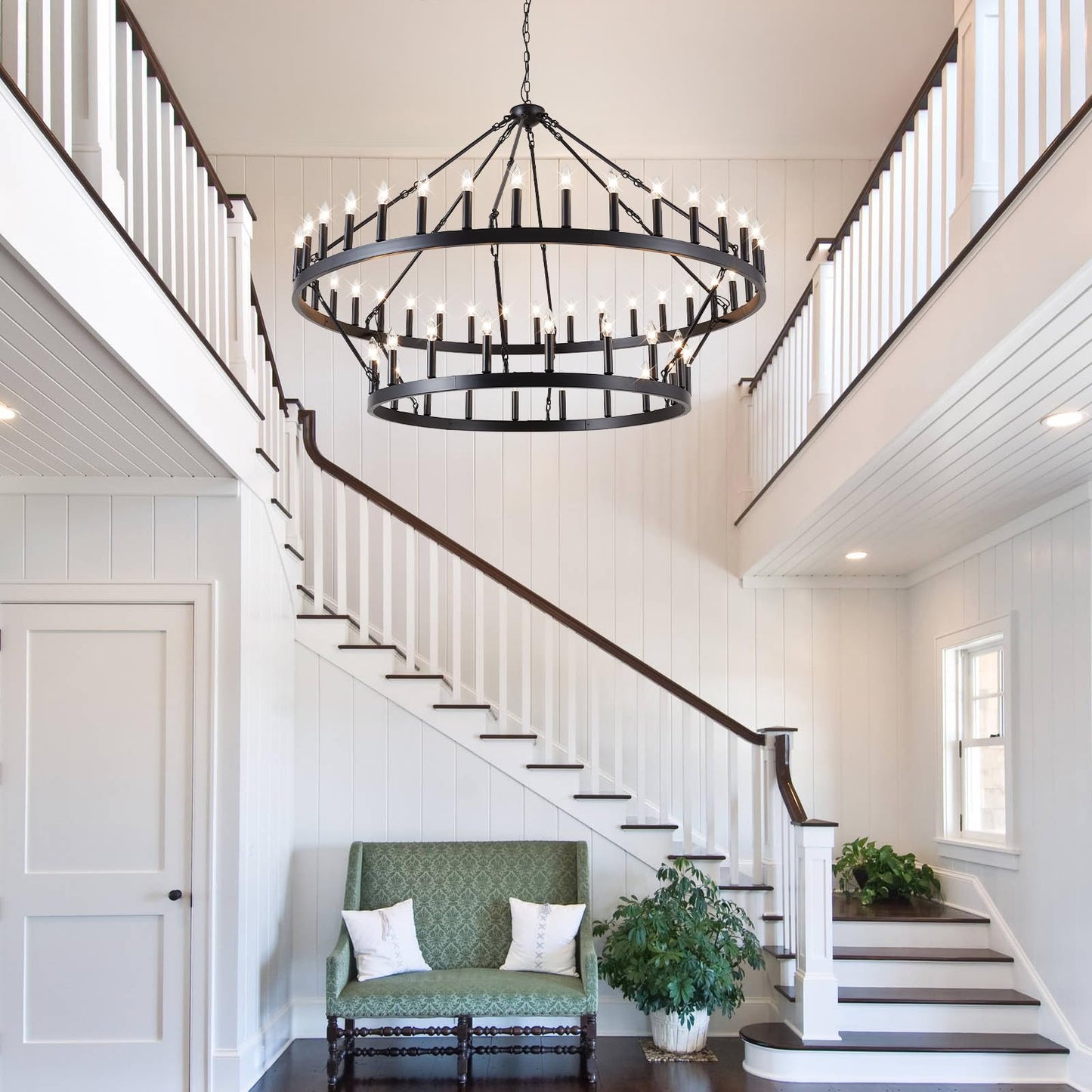 VBKK 60" black wagon wheel chandelier, 54-light 2-tier farmhouse industrial, very large spaces.