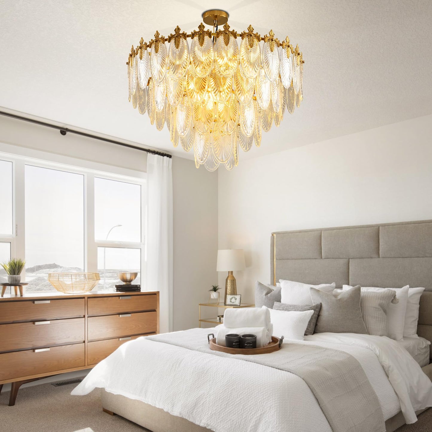 KELUOLY modern crystal chandelier, 4-layer gold glass, 12-light, 31.5", adjustable height, foyer/living/dining.