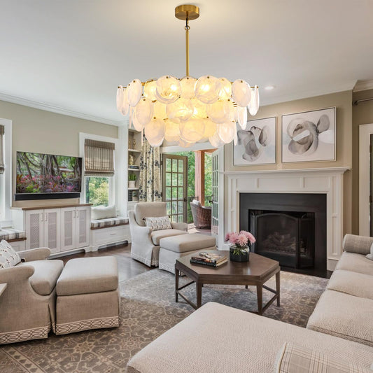 Large gold modern glass chandelier, 31.5", cloud glass shade, adjustable height, luxury fixture for multiple rooms.