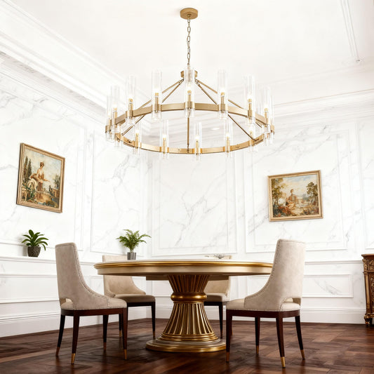 Vimatto gold wagon wheel chandelier, D50, glass shape, large round pendant for high ceilings, living/dining room, gold finish.