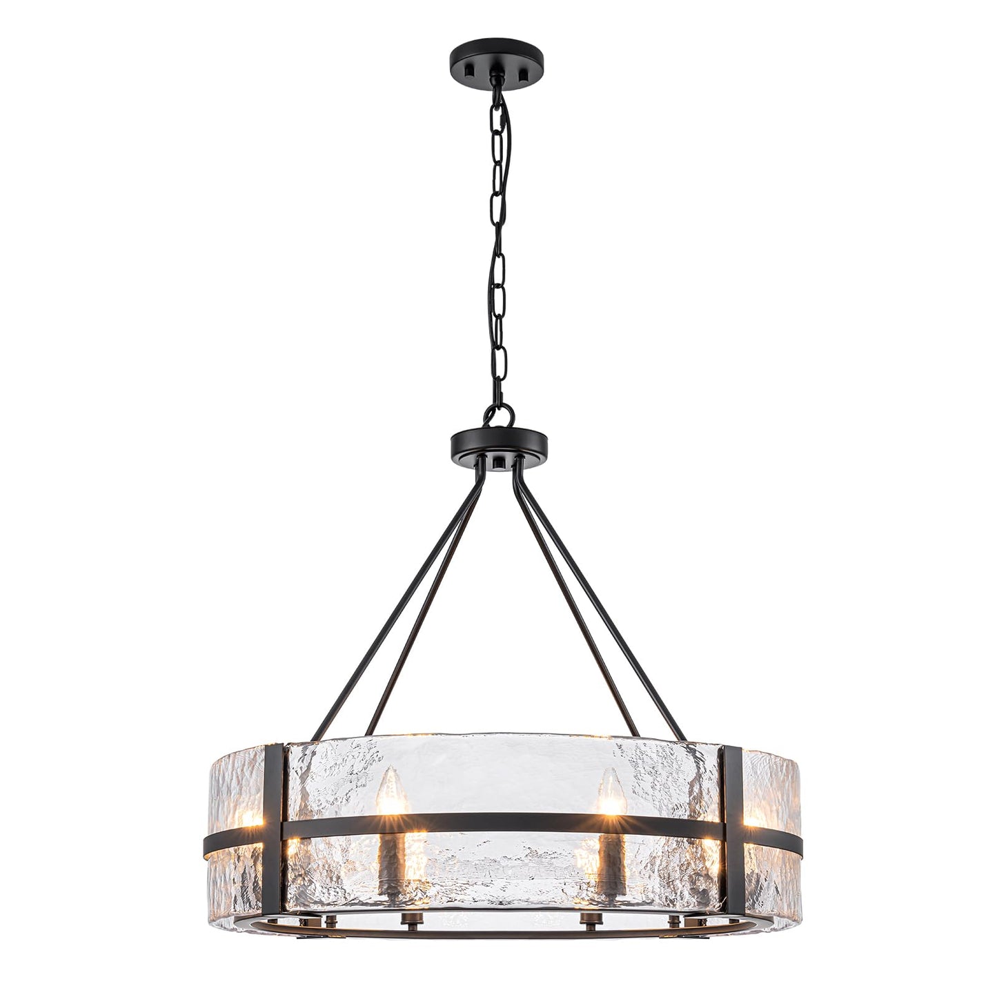 HUOKU 28" black glass chandelier, 8-light drum style, modern dining/foyer/living room pendant.