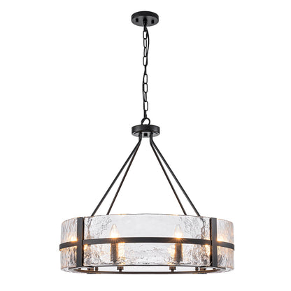 HUOKU 28" black glass chandelier, 8-light drum style, modern dining/foyer/living room pendant.