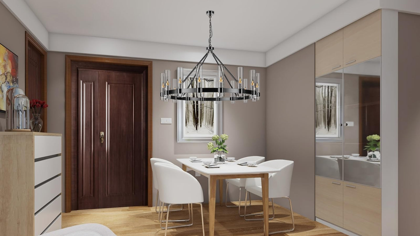 AEULYTIR 48" black wagon wheel chandelier, 16-light farmhouse style, dining/kitchen/entry.