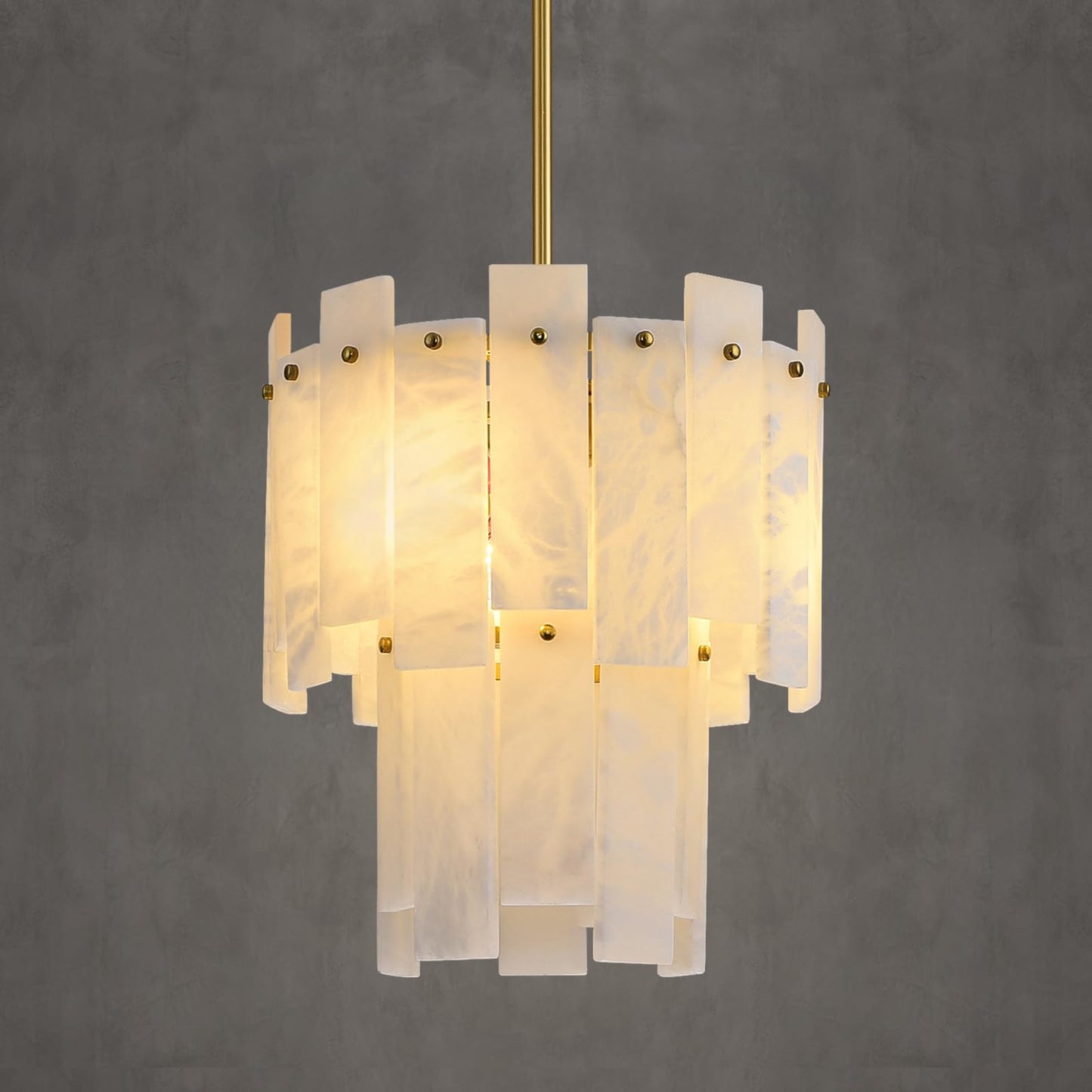 PIOUTNF 13" alabaster gold chandelier, 2-tier Spanish style, warm white, small modern pendant.