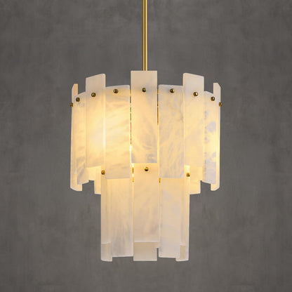 PIOUTNF 13" alabaster gold chandelier, 2-tier Spanish style, warm white, small modern pendant.