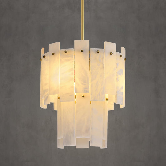 PIOUTNF 13" alabaster gold chandelier, 2-tier Spanish style, warm white, small modern pendant.