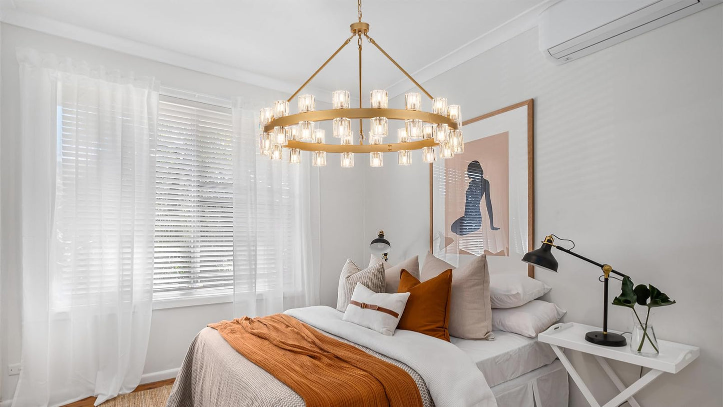 MeiYDeng 36" gold wagon wheel chandelier, 36 lights, crystal shades, farmhouse style for high ceilings.