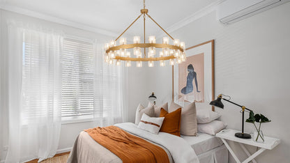 MeiYDeng 36" gold wagon wheel chandelier, 36 lights, crystal shades, farmhouse style for high ceilings.