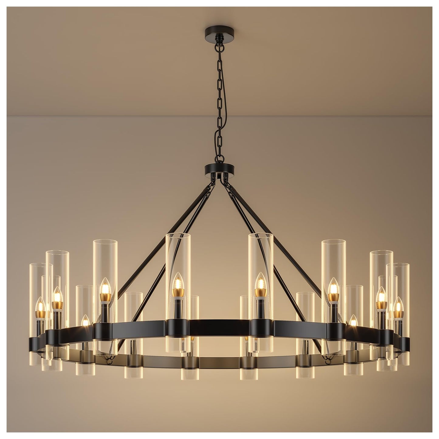 AEULYTIR 48" black wagon wheel chandelier, 16-light farmhouse style, dining/kitchen/entry.