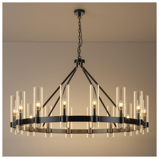 AEULYTIR 48" black wagon wheel chandelier, 16-light farmhouse style, dining/kitchen/entry.