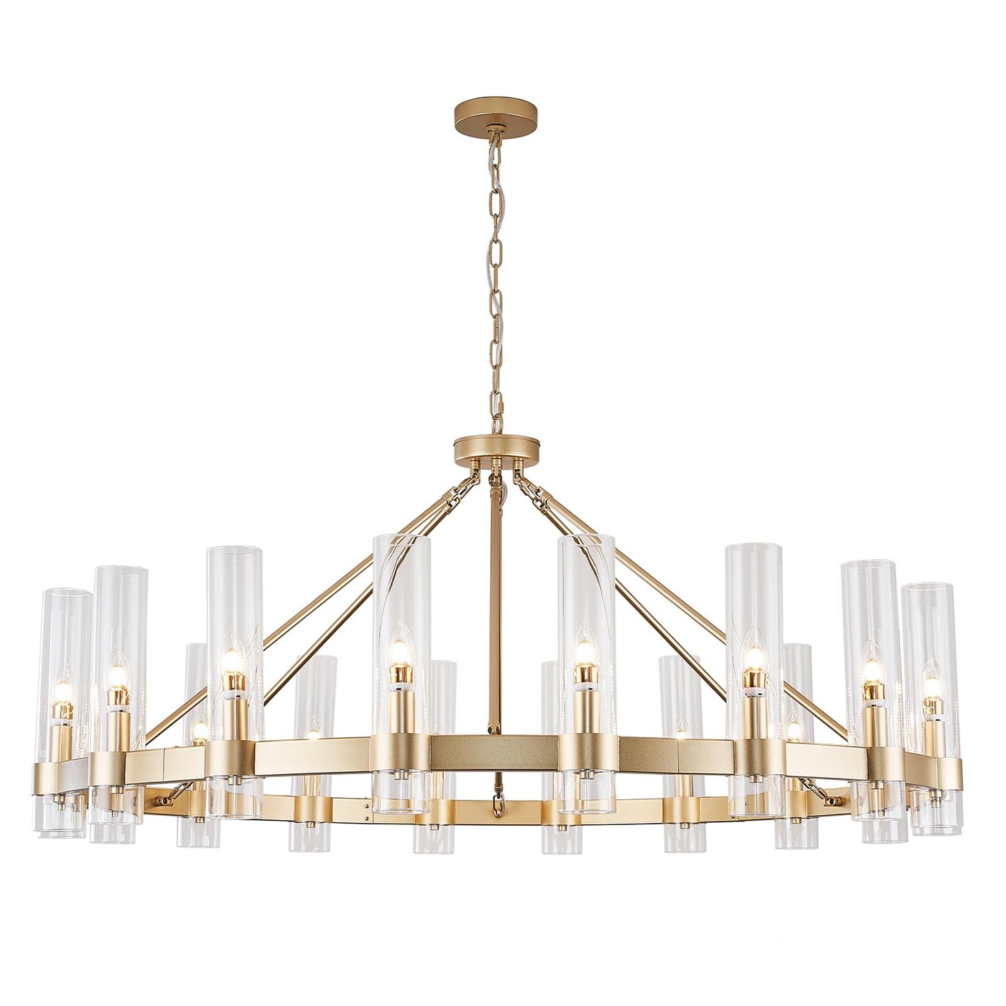 Vimatto gold wagon wheel chandelier, D50, glass shape, large round pendant for high ceilings, living/dining room, gold finish.