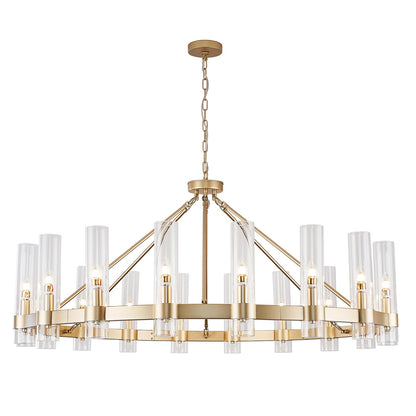 Vimatto gold wagon wheel chandelier, D50, glass shape, large round pendant for high ceilings, living/dining room, gold finish.