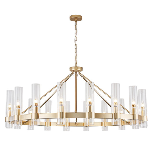 Vimatto gold wagon wheel chandelier, D50, glass shape, large round pendant for high ceilings, living/dining room, gold finish.