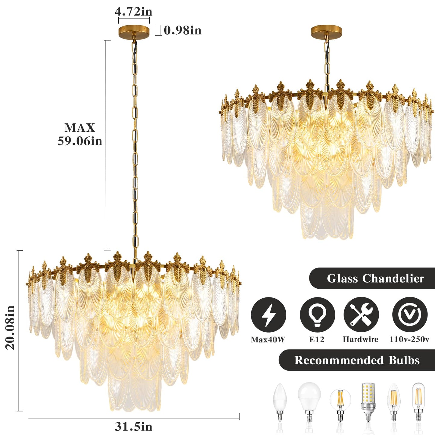 KELUOLY modern crystal chandelier, 4-layer gold glass, 12-light, 31.5", adjustable height, foyer/living/dining.