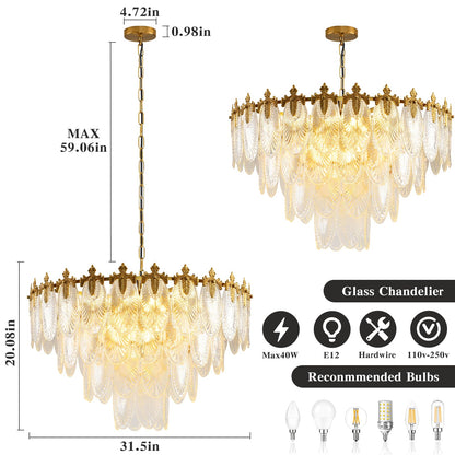 KELUOLY modern crystal chandelier, 4-layer gold glass, 12-light, 31.5", adjustable height, foyer/living/dining.