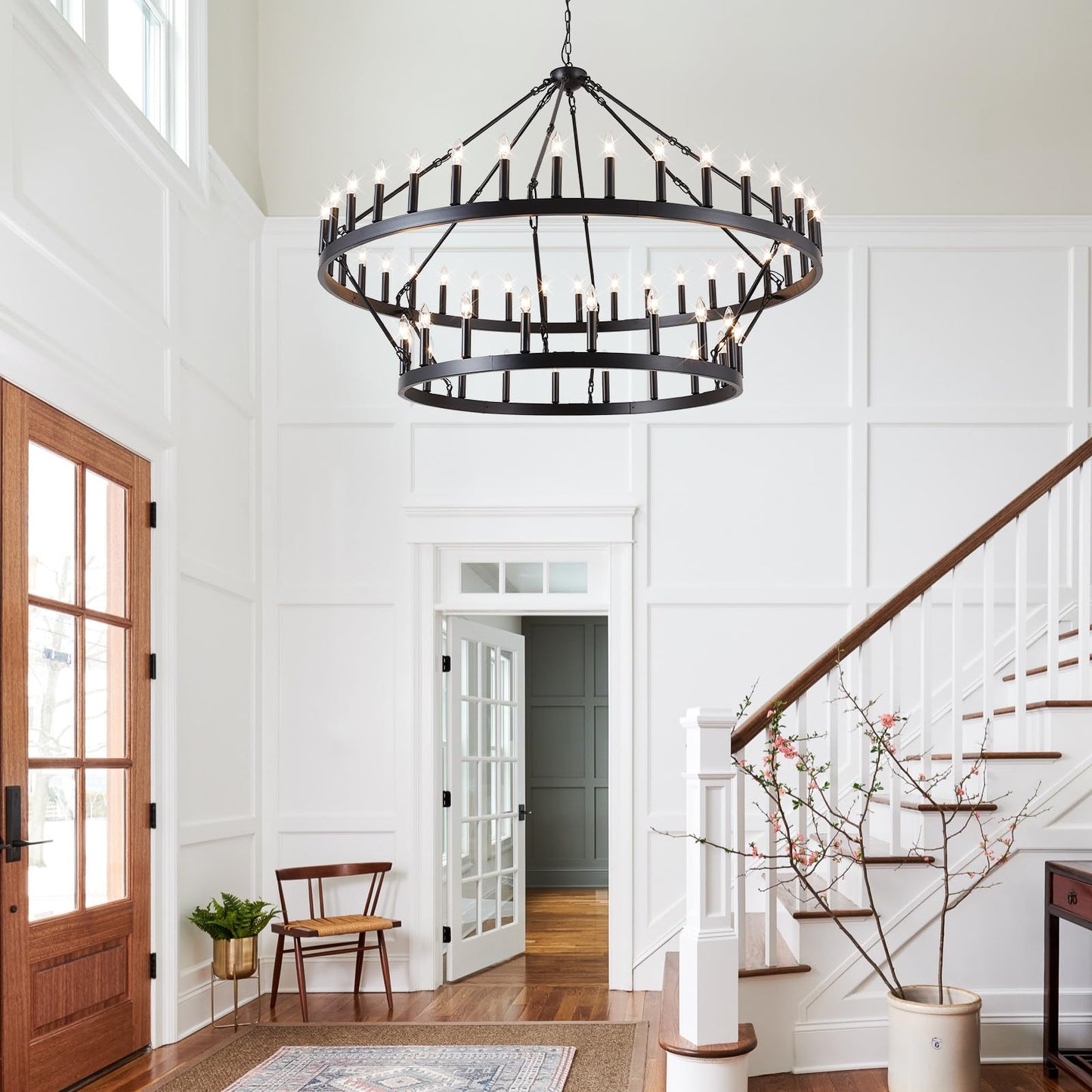 VBKK 60" black wagon wheel chandelier, 54-light 2-tier farmhouse industrial, very large spaces.
