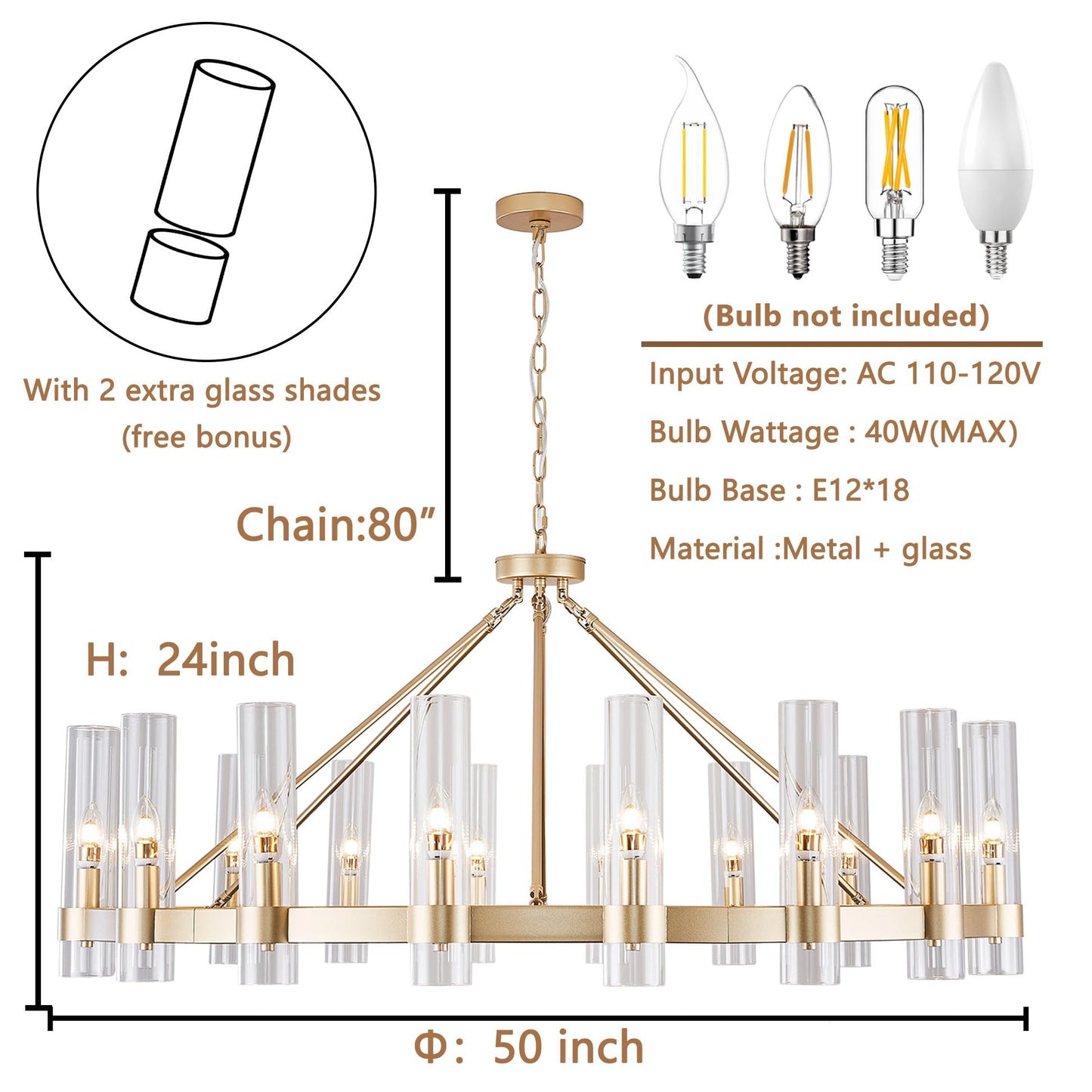 Vimatto gold wagon wheel chandelier, D50, glass shape, large round pendant for high ceilings, living/dining room, gold finish.