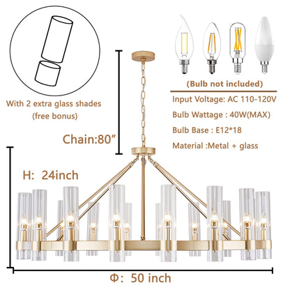 Vimatto gold wagon wheel chandelier, D50, glass shape, large round pendant for high ceilings, living/dining room, gold finish.