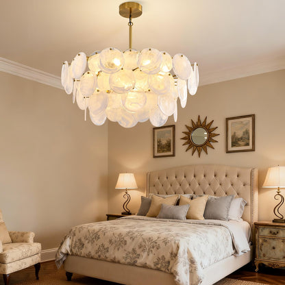 Large gold modern glass chandelier, 31.5", cloud glass shade, adjustable height, luxury fixture for multiple rooms.