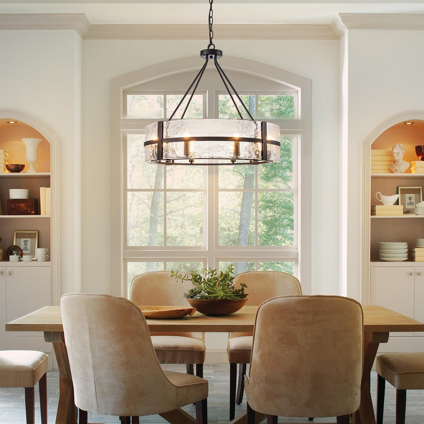 HUOKU 28" black glass chandelier, 8-light drum style, modern dining/foyer/living room pendant.