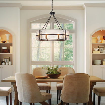 HUOKU 28" black glass chandelier, 8-light drum style, modern dining/foyer/living room pendant.