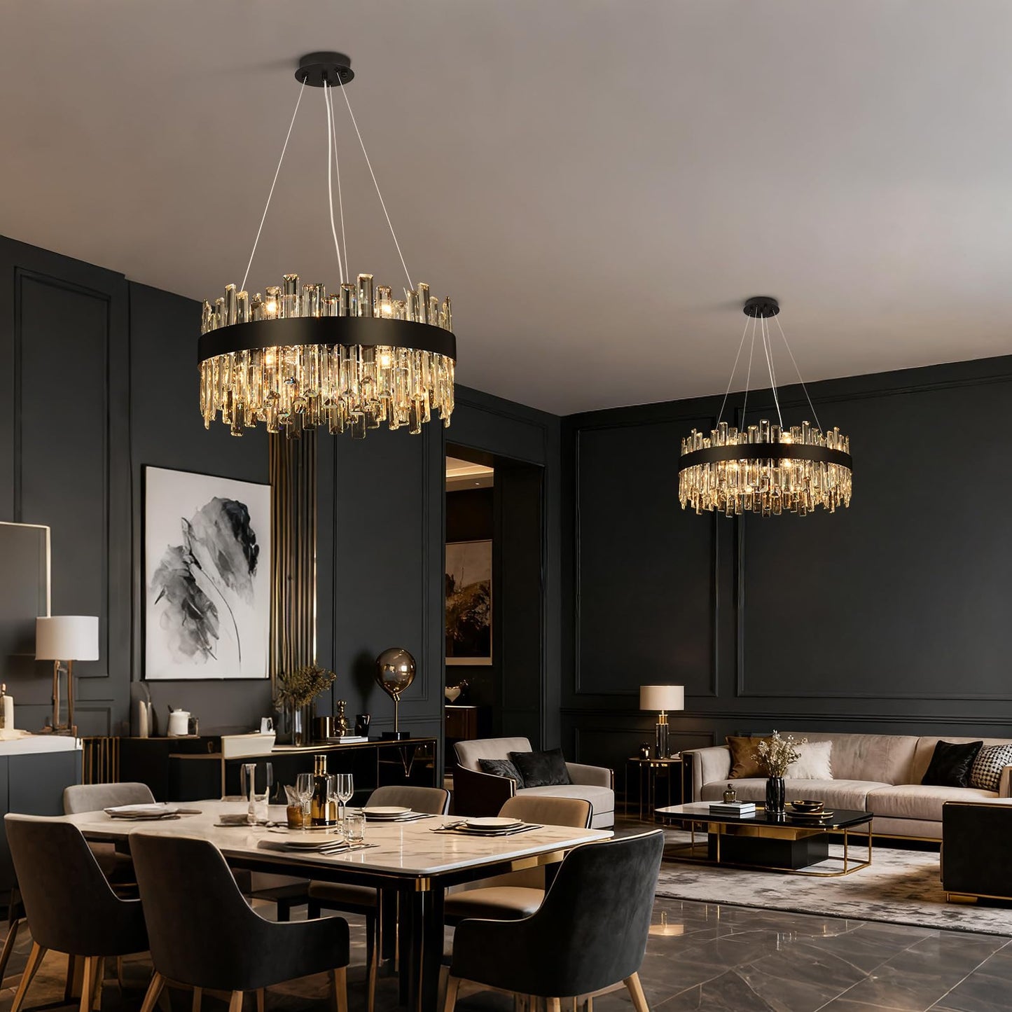 12-light luxury black crystal chandelier, 2-tier round design, 20", for dining room, bedroom, kitchen island.