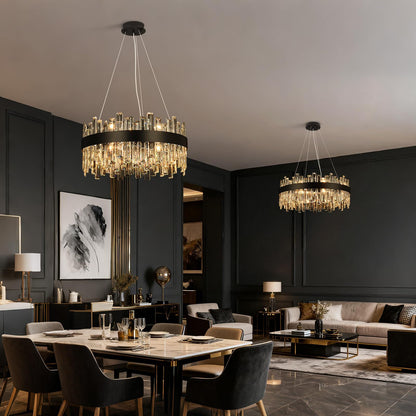 12-light luxury black crystal chandelier, 2-tier round design, 20", for dining room, bedroom, kitchen island.