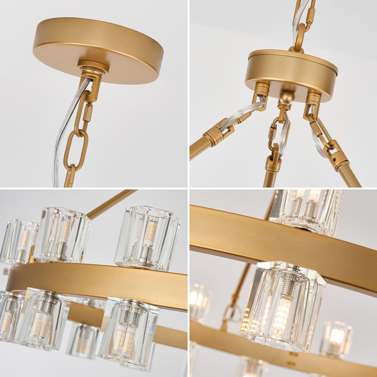 MeiYDeng 36" gold wagon wheel chandelier, 36 lights, crystal shades, farmhouse style for high ceilings.