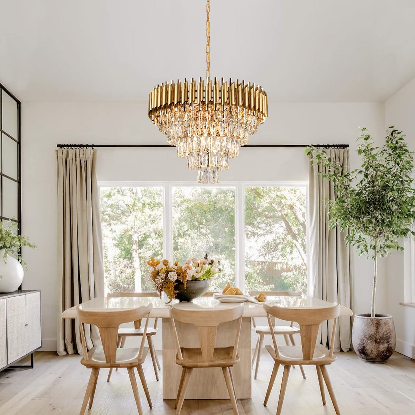 AXILIXI 24" gold crystal chandelier, 5-tier raindrop style, luxury staircase/foyer lighting.
