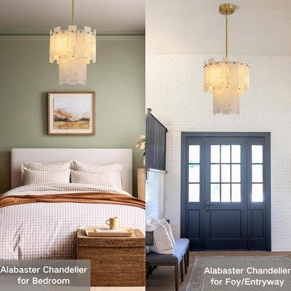 PIOUTNF 13" alabaster gold chandelier, 2-tier Spanish style, warm white, small modern pendant.