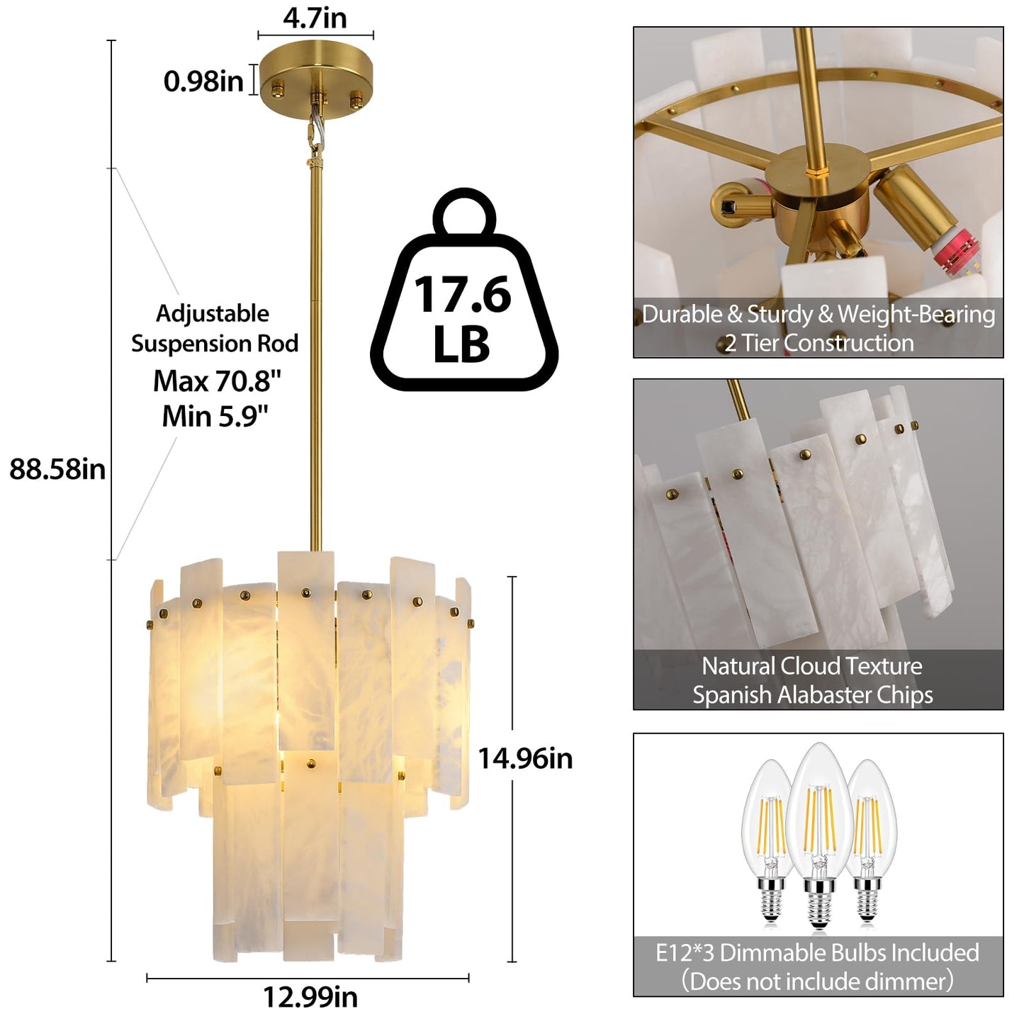 PIOUTNF 13" alabaster gold chandelier, 2-tier Spanish style, warm white, small modern pendant.
