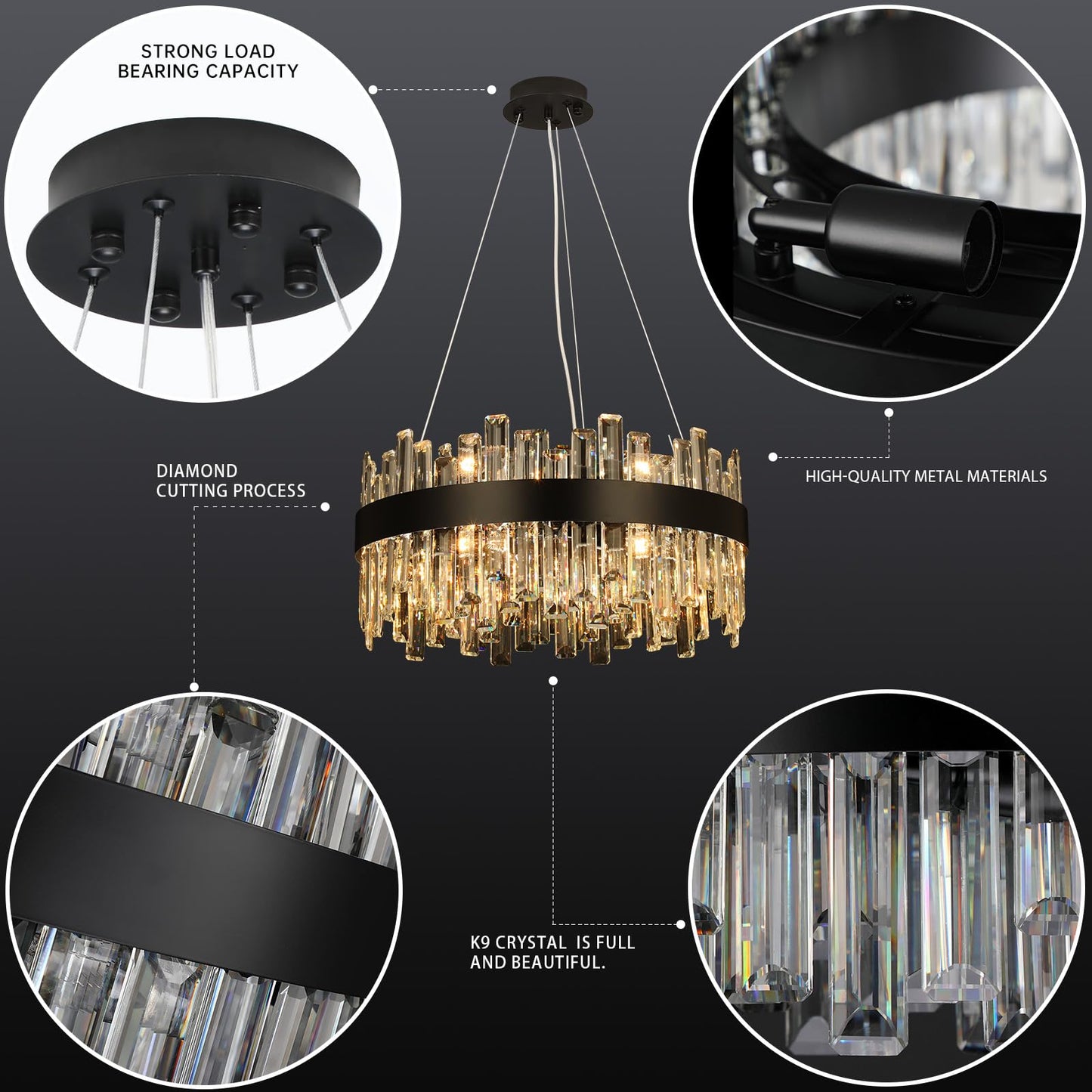 12-light luxury black crystal chandelier, 2-tier round design, 20", for dining room, bedroom, kitchen island.