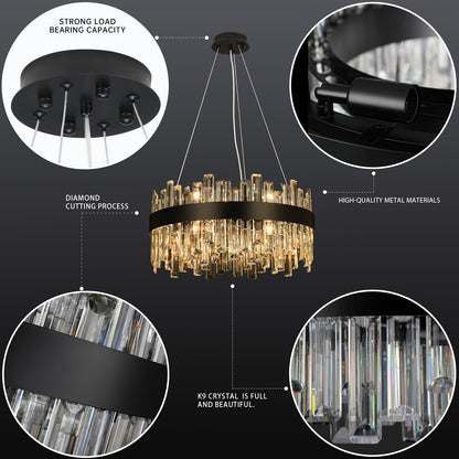 12-light luxury black crystal chandelier, 2-tier round design, 20", for dining room, bedroom, kitchen island.