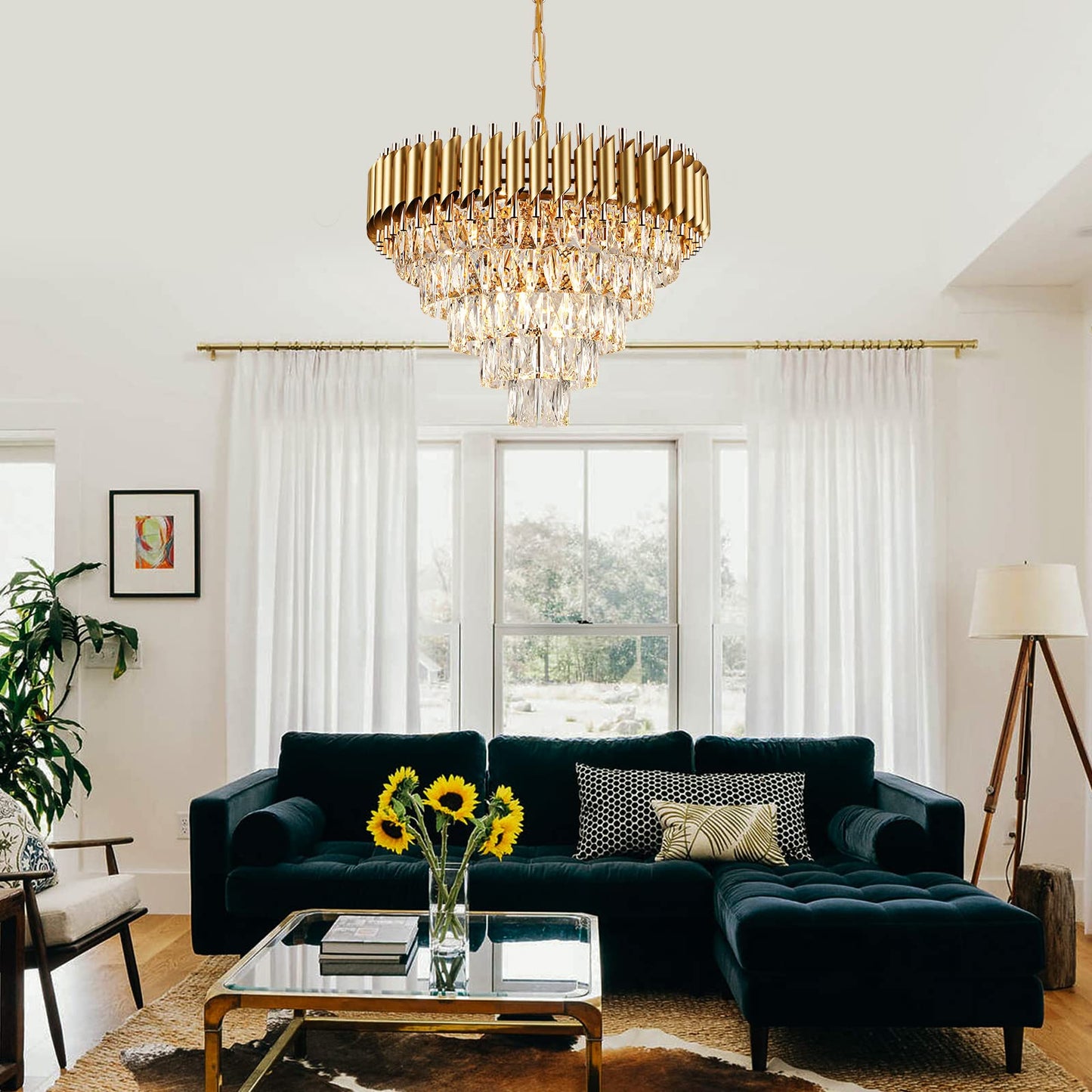 AXILIXI 24" gold crystal chandelier, 5-tier raindrop style, luxury staircase/foyer lighting.