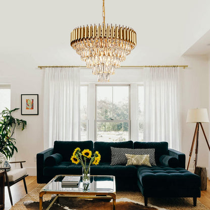 AXILIXI 24" gold crystal chandelier, 5-tier raindrop style, luxury staircase/foyer lighting.