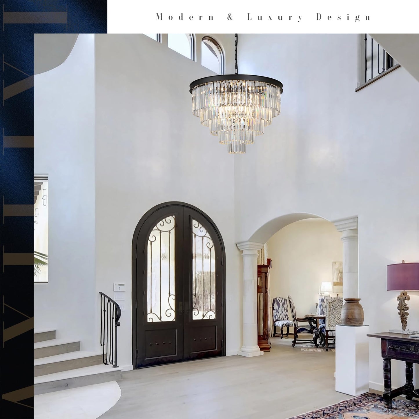 AXILIXI 30" black crystal chandelier, 5-tier K9 crystal, staircase/high ceiling luxury fixture.
