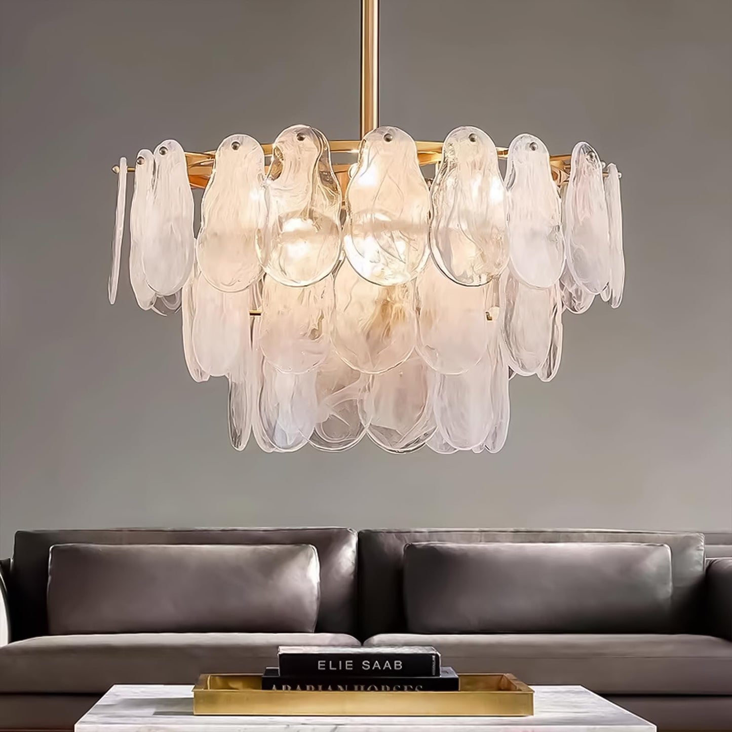 Axamate 24" gold crystal chandelier, 6-light round, cloud glass multi-tier, kitchen/dining/living.