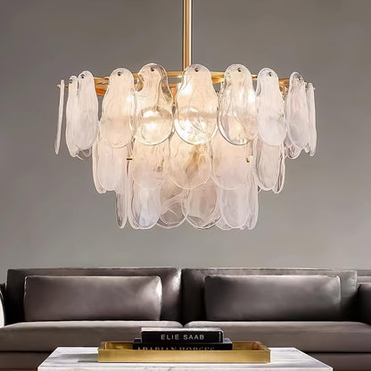 Axamate 24" gold crystal chandelier, 6-light round, cloud glass multi-tier, kitchen/dining/living.