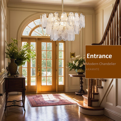 Axamate 24" gold crystal chandelier, 6-light round, cloud glass multi-tier, kitchen/dining/living.