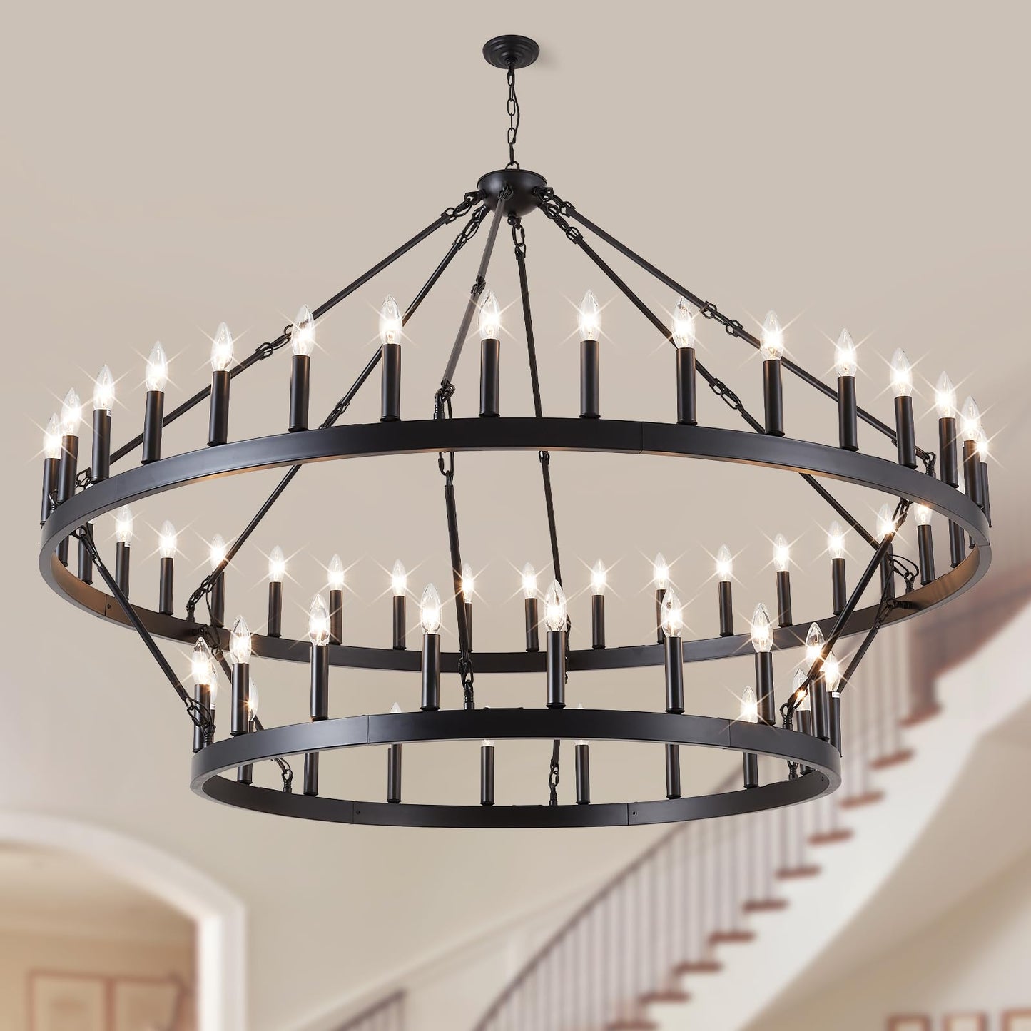 VBKK 60" black wagon wheel chandelier, 54-light 2-tier farmhouse industrial, very large spaces.