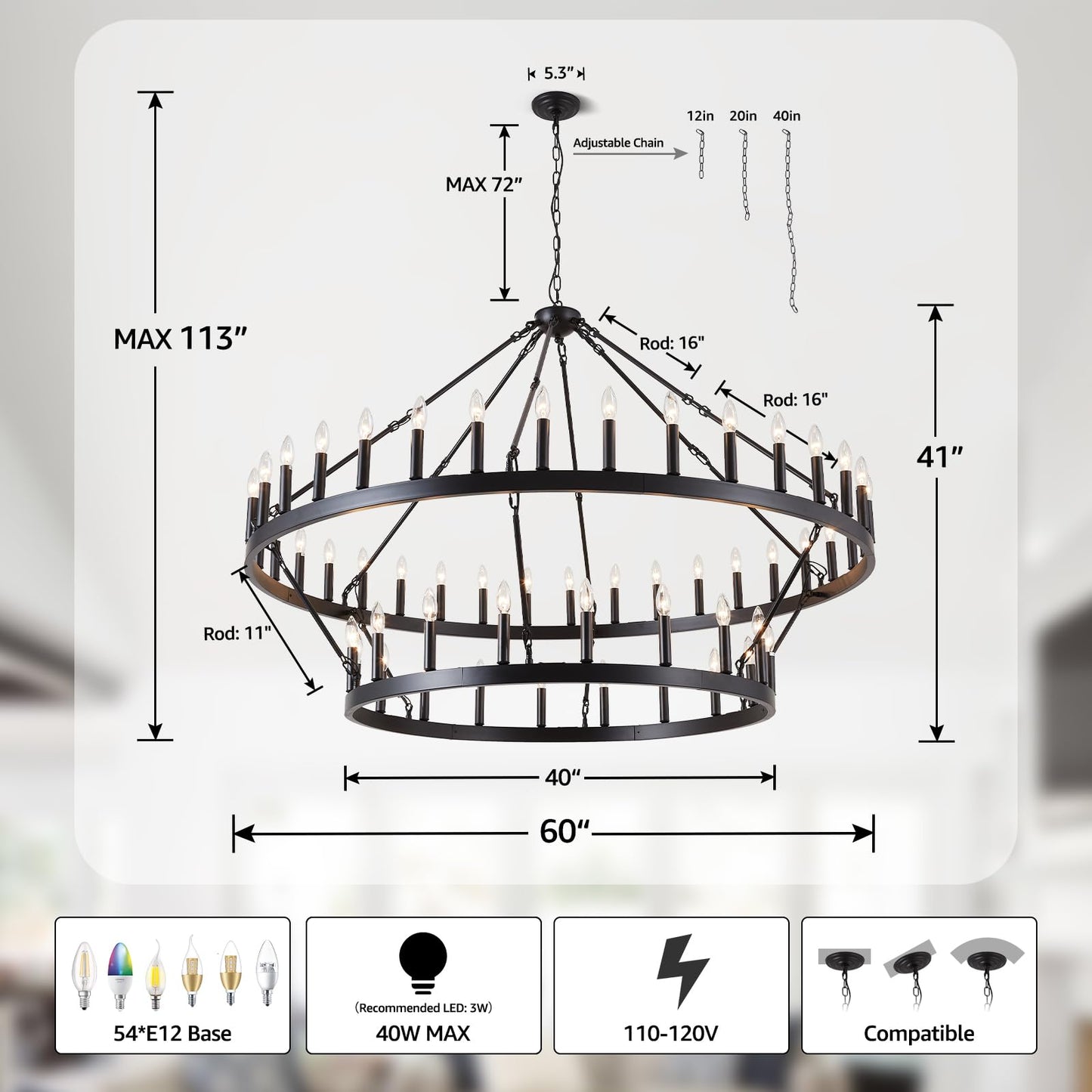 VBKK 60" black wagon wheel chandelier, 54-light 2-tier farmhouse industrial, very large spaces.