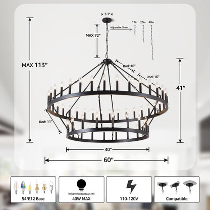 VBKK 60" black wagon wheel chandelier, 54-light 2-tier farmhouse industrial, very large spaces.