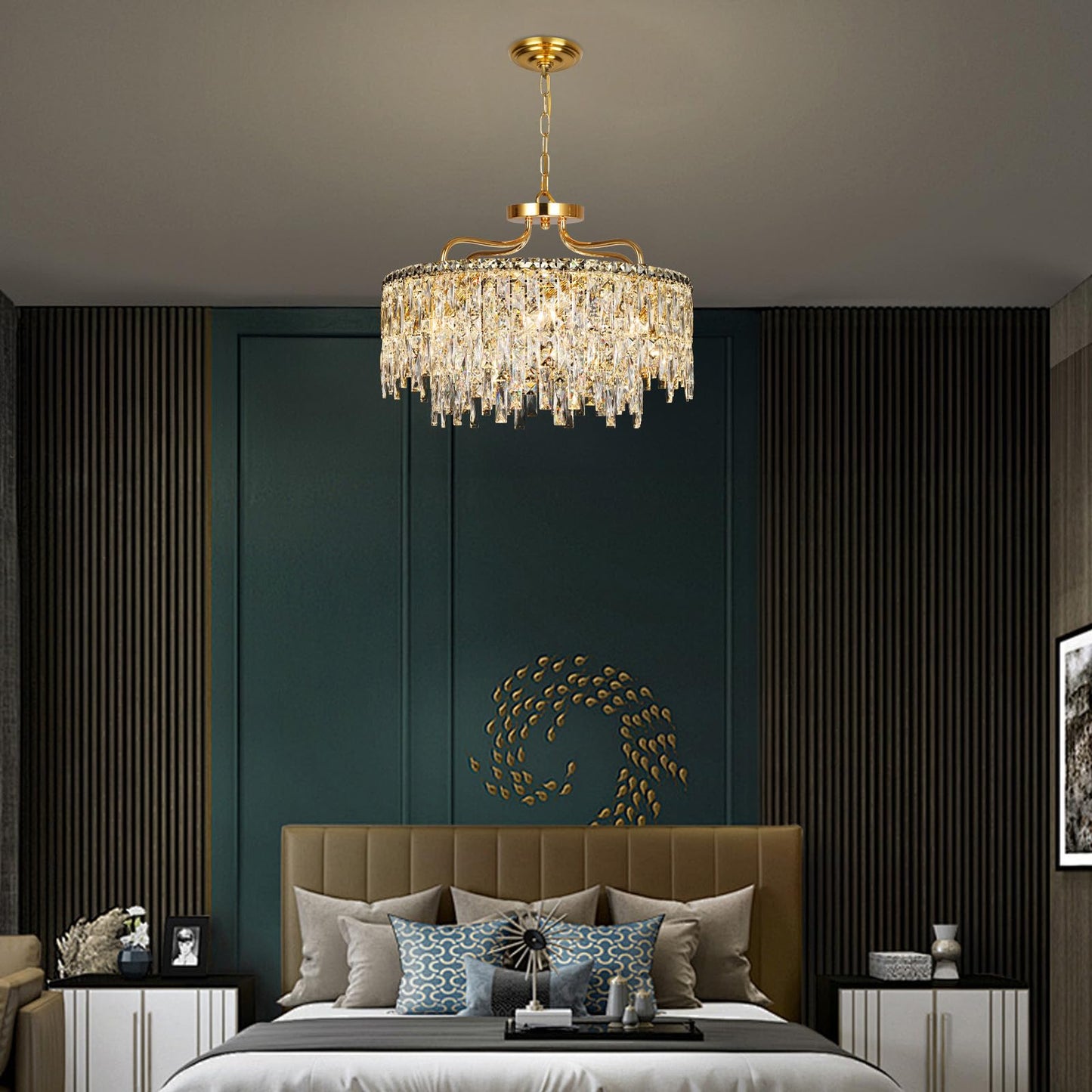 NISIDUN 24" gold crystal chandelier, 8-light modern round, dining/bedroom/entryway.