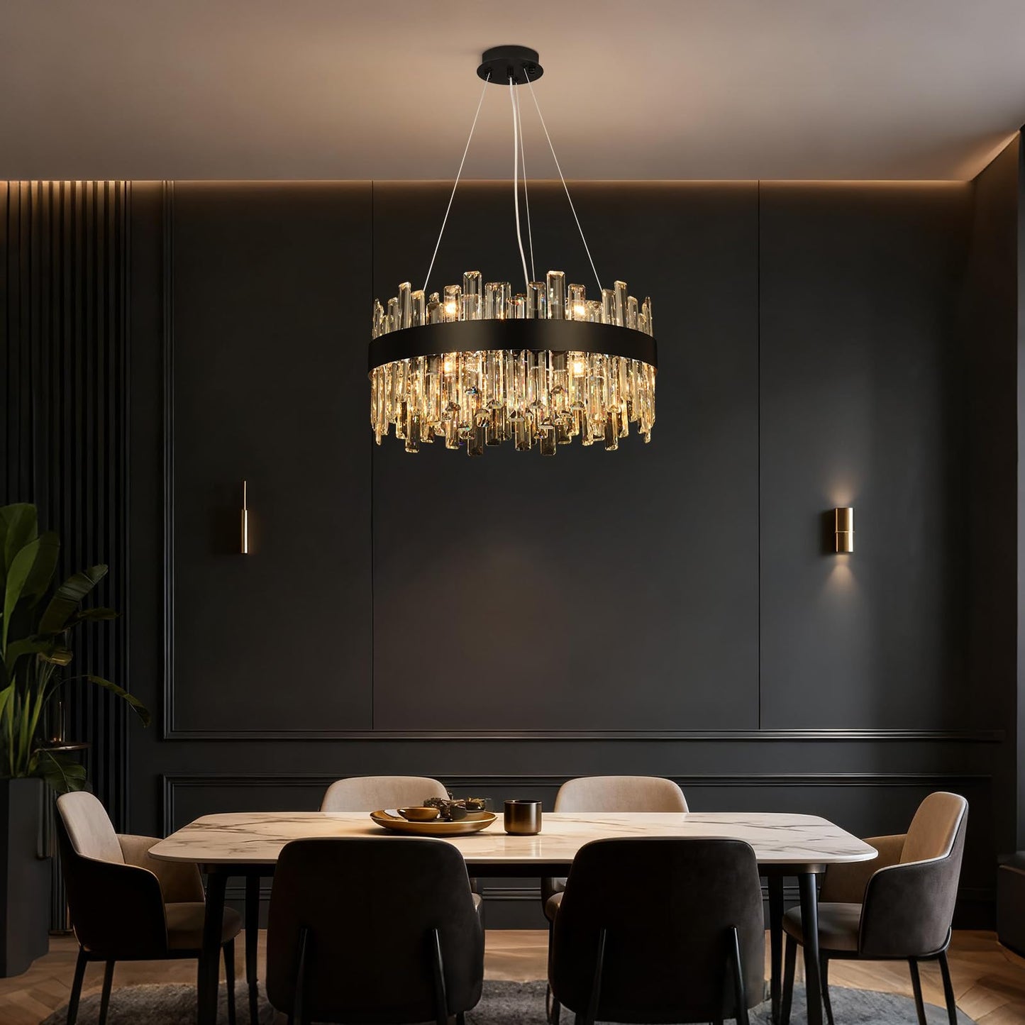 12-light luxury black crystal chandelier, 2-tier round design, 20", for dining room, bedroom, kitchen island.