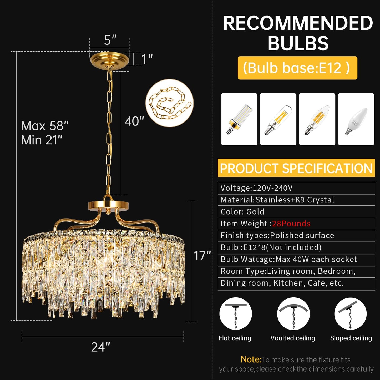 NISIDUN 24" gold crystal chandelier, 8-light modern round, dining/bedroom/entryway.