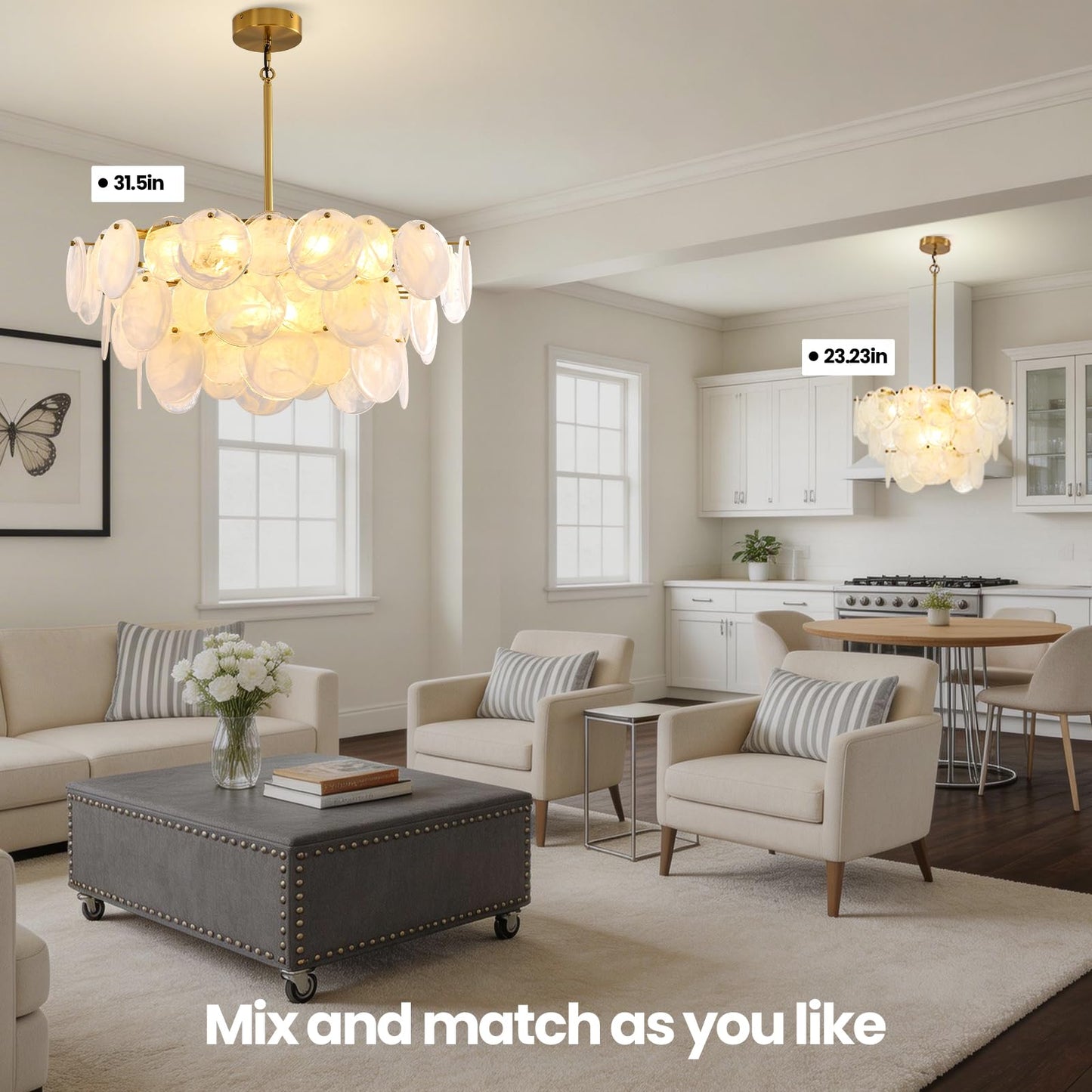 Large gold modern glass chandelier, 31.5", cloud glass shade, adjustable height, luxury fixture for multiple rooms.
