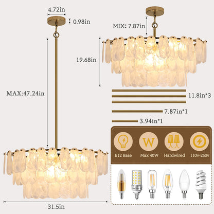 Modern 31.5" gold glass chandelier, 12-light cloud pendant, living/dining/foyer/staircase.
