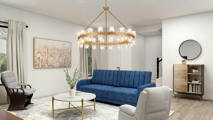 MeiYDeng 36" gold wagon wheel chandelier, 36 lights, crystal shades, farmhouse style for high ceilings.