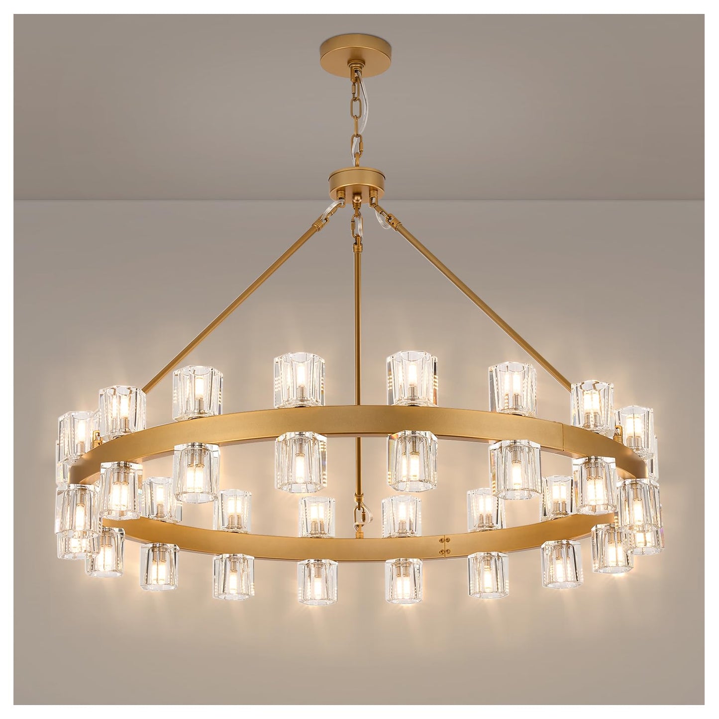 MeiYDeng 36" gold wagon wheel chandelier, 36 lights, crystal shades, farmhouse style for high ceilings.