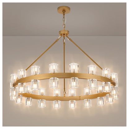 MeiYDeng 36" gold wagon wheel chandelier, 36 lights, crystal shades, farmhouse style for high ceilings.